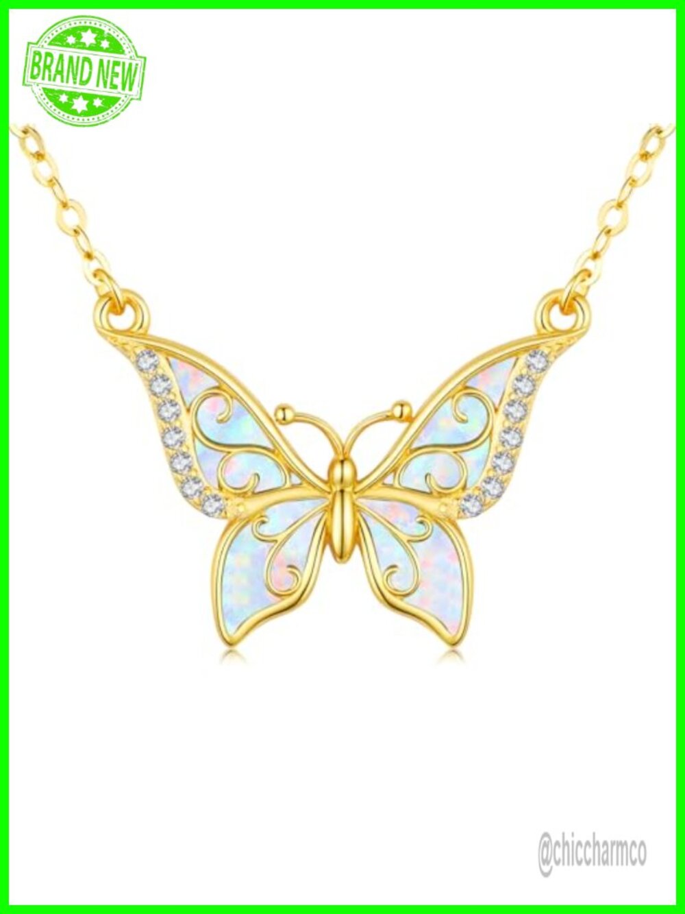 Gold Plated Butterfly Opal Pendant Necklace Elegant Women's Jewelry Gift